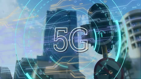animación de texto 5g, procesamiento de datos digitales sobre la ciudad