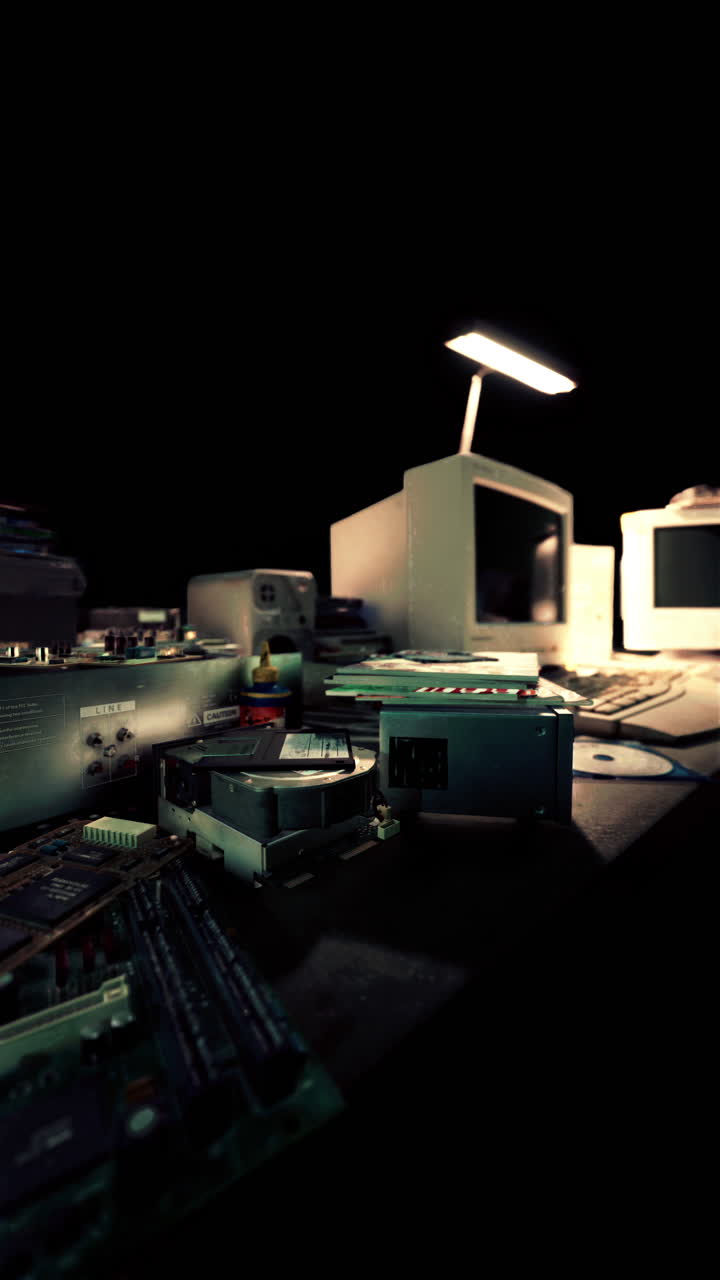 cerca de un escritorio con viejas piezas de computadora y electrónica