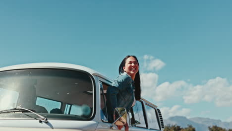 Van,-smile-and-woman-out-of-window-for-freedom