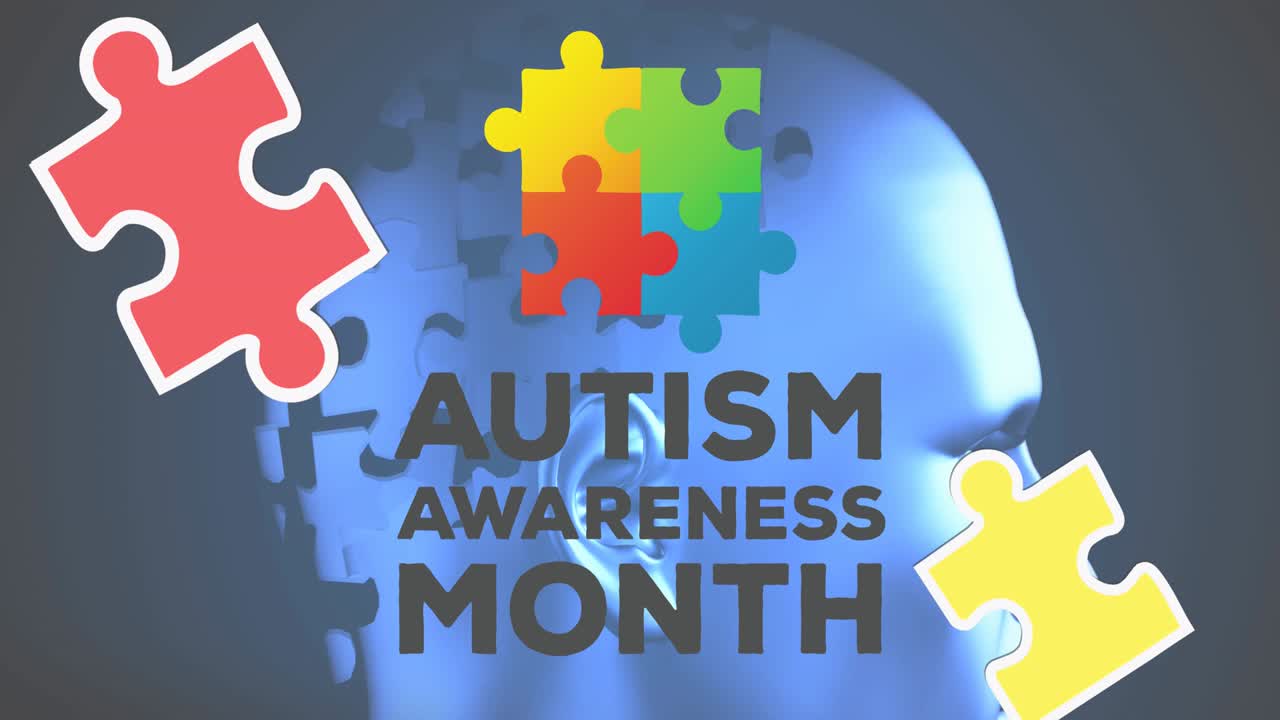 animación del mes de concienciación sobre el autismo texto sobre cabeza azul formada con rompecabezas