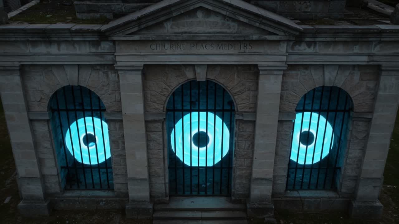 Eerie Architectural Display: Glowing Blue Circles Illuminate an Abandoned Burial Vault, Creating an Enigmatic Atmosphere of Mystery and History