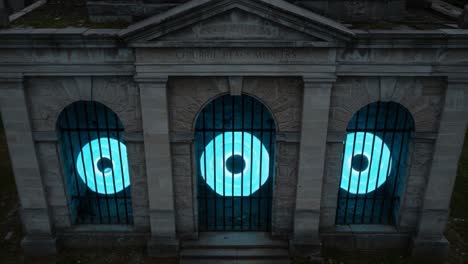 eerie architectural display: glowing blue circles illuminate an abandoned burial vault, creating an enigmatic atmosphere of mystery and history