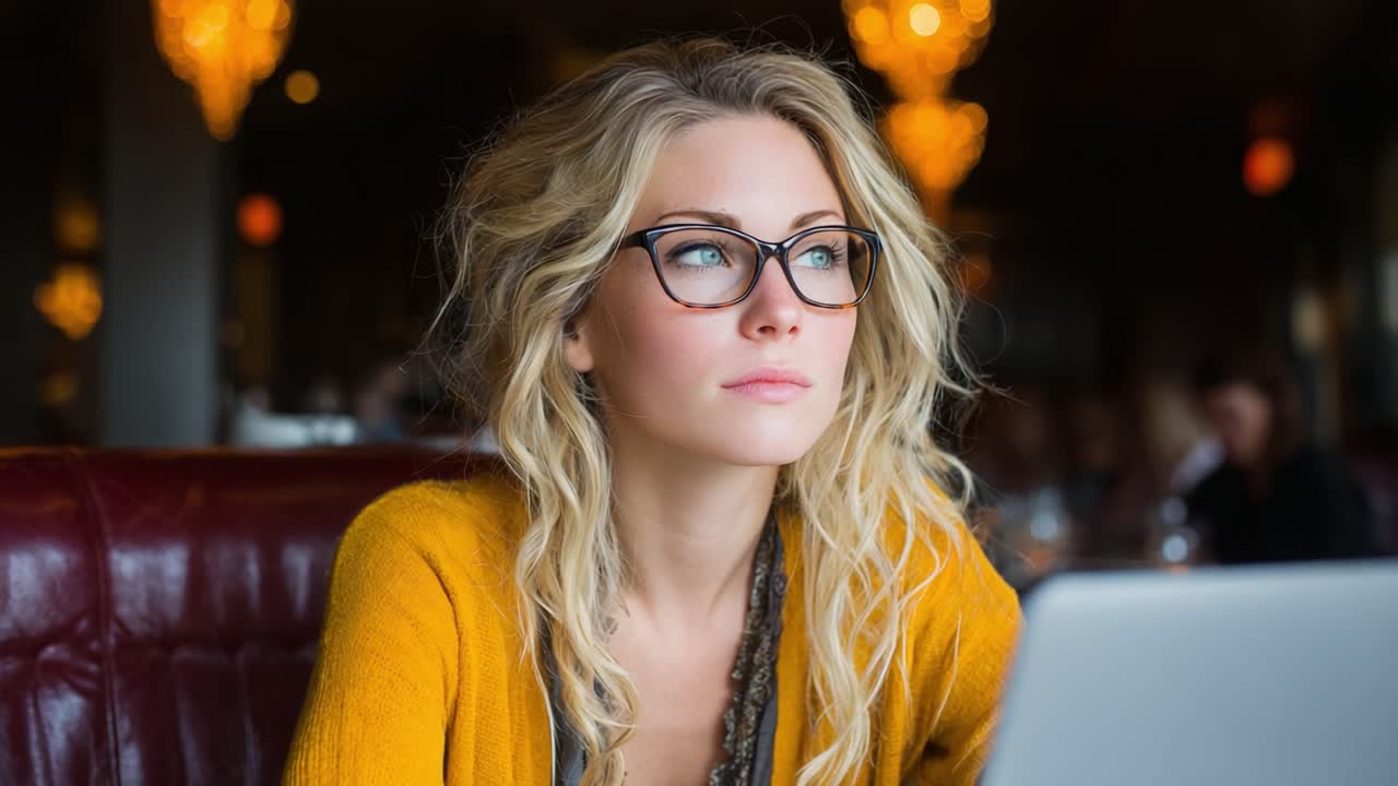 A Thoughtful Young Woman with Glasses and Long Hair Concentrates While Sitting in a Modern Cafe, Captured in Two Frames
