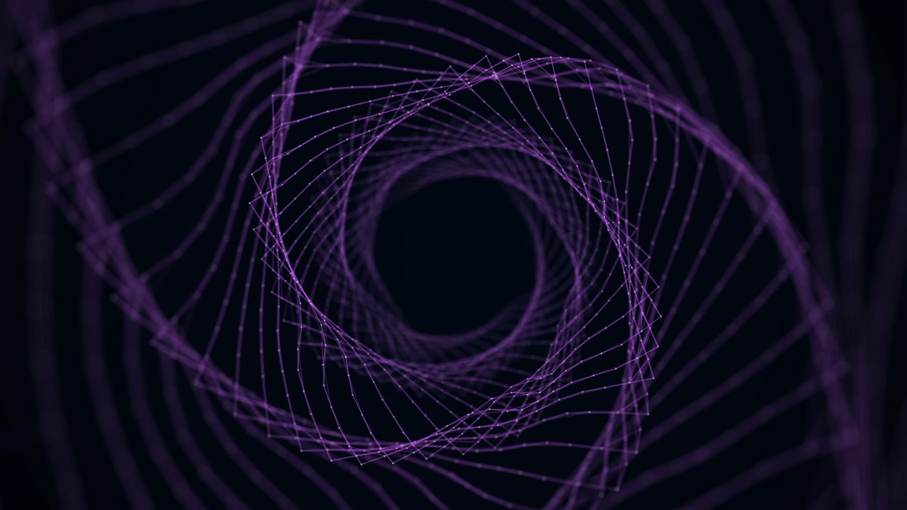 Abstract Purple Digital Tunnel with Rotating Geometric Mesh