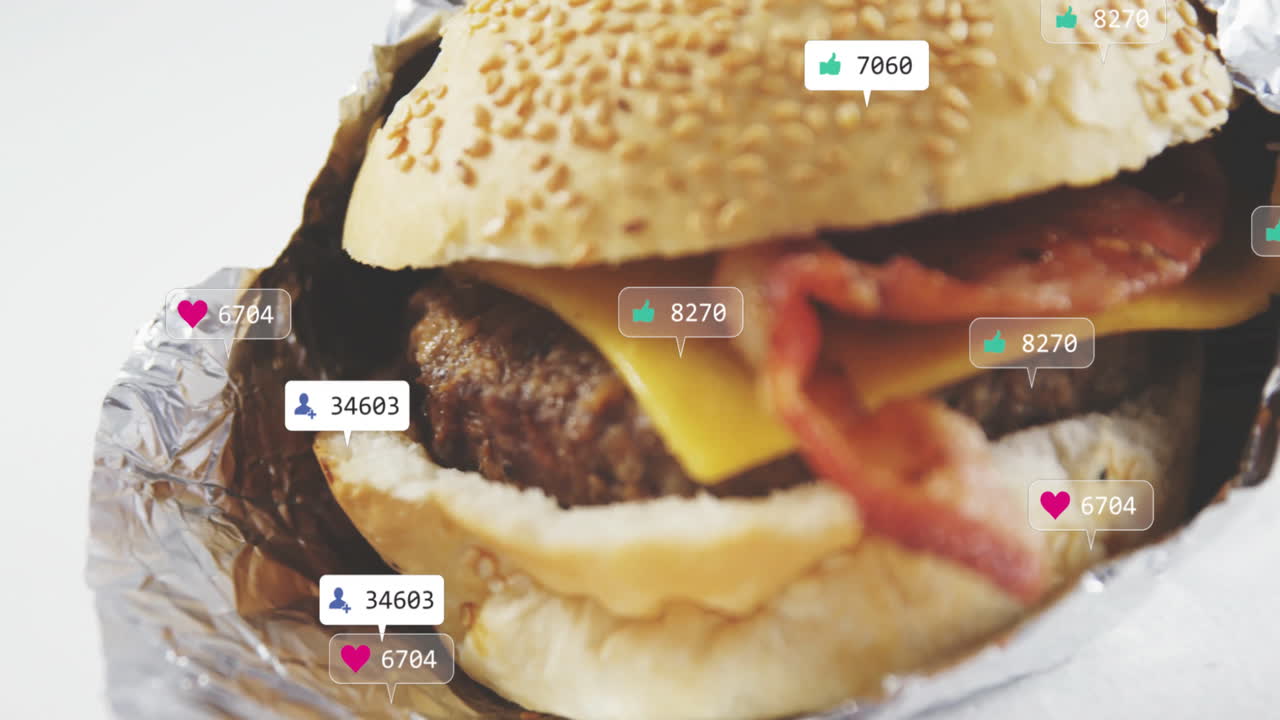Receiving likes, animation of burger with bacon and cheese on social media