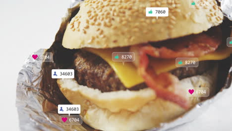 receiving likes, animation of burger with bacon and cheese on social media