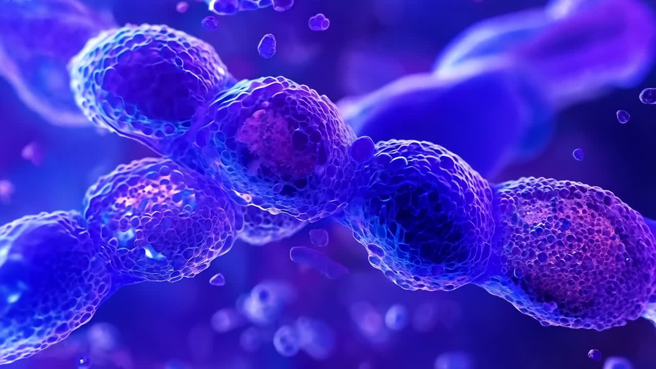 A close up of a group of purple and blue spheres