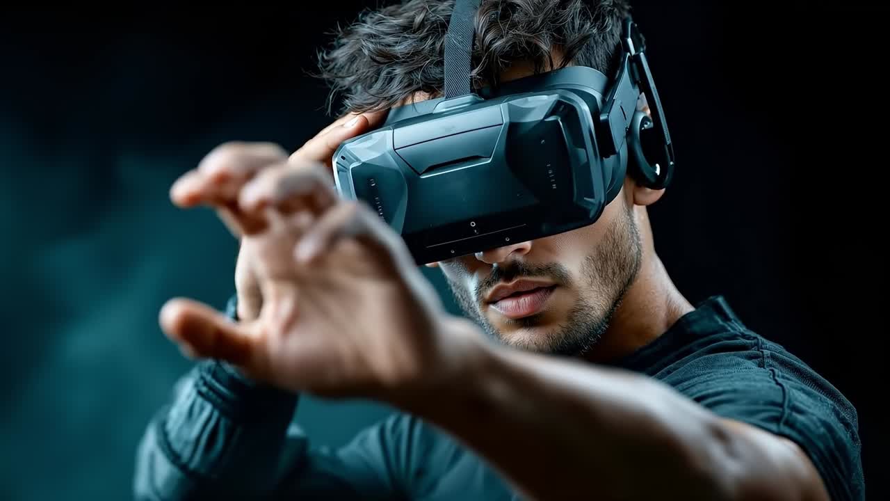 En mand med et virtual reality-headset på, som holder en fjernbetjening