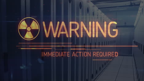 animation of nuclear symbol and warning text over server room