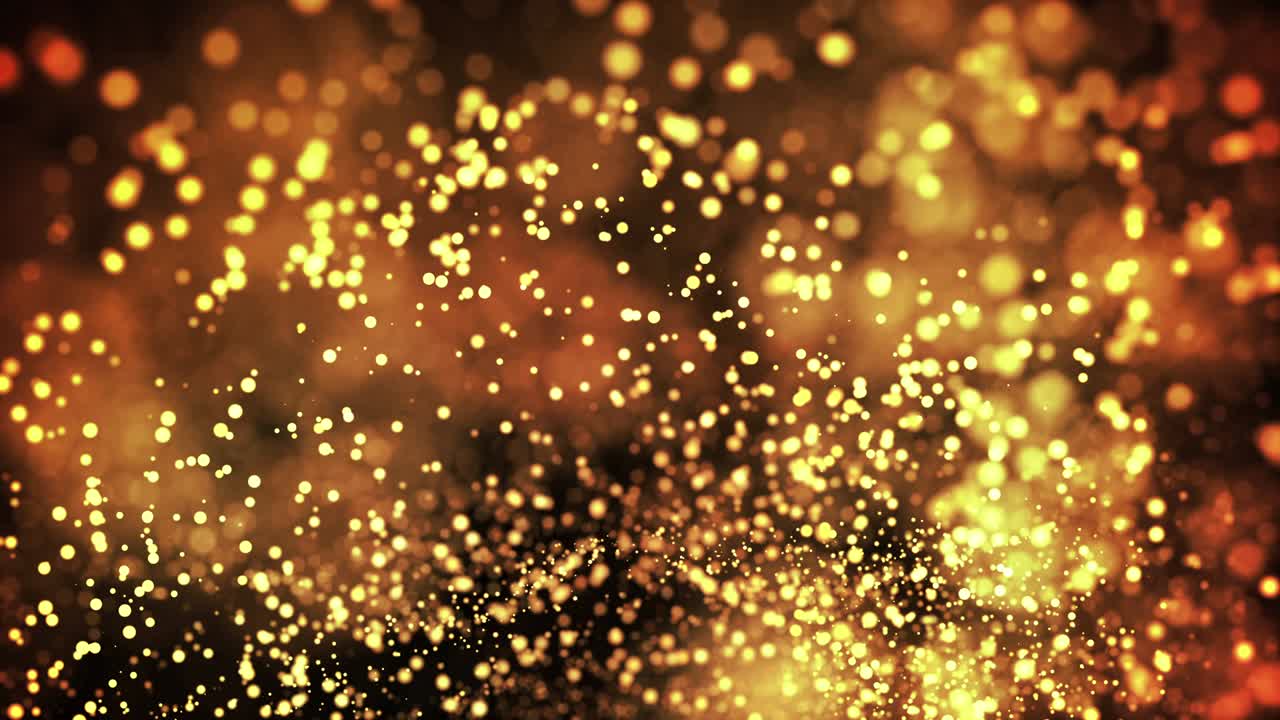 액체 속의 금 입자가 떠다니며 반인다: 반이는 황금 입자의 배경, 현장 깊이 및 보케, 휴일 프레젠테이션을 위해 반이는 입자를 잘라내는 루마 매트.