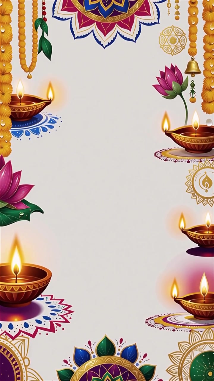 Sfondo Diwali con Diyas luminosi, Rangoli e fiori di loto