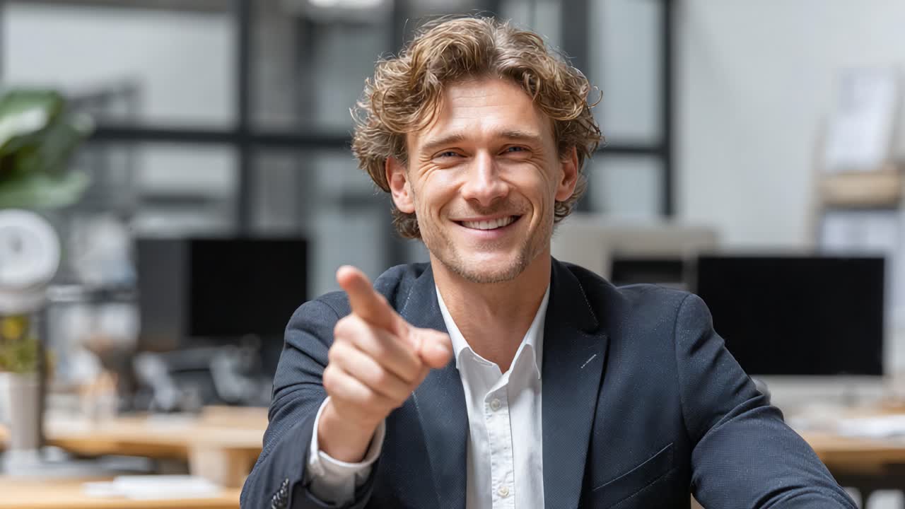 A Professional Man in an Office Environment Smiling and Pointing with Confidence, Showcasing a Friendly and Engaging Personality in Two Captivating Frames