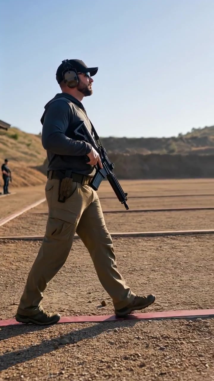 Side-profile full-body view shows man moving left to right over dusty ground, holding rifle low across his torso as bright sunlight casts long shadows near marked range lanes.