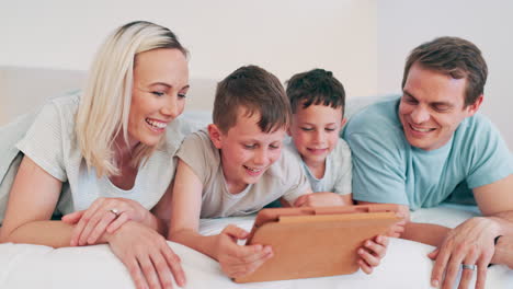 Children,-parents-and-tablet-on-bed-for-funny