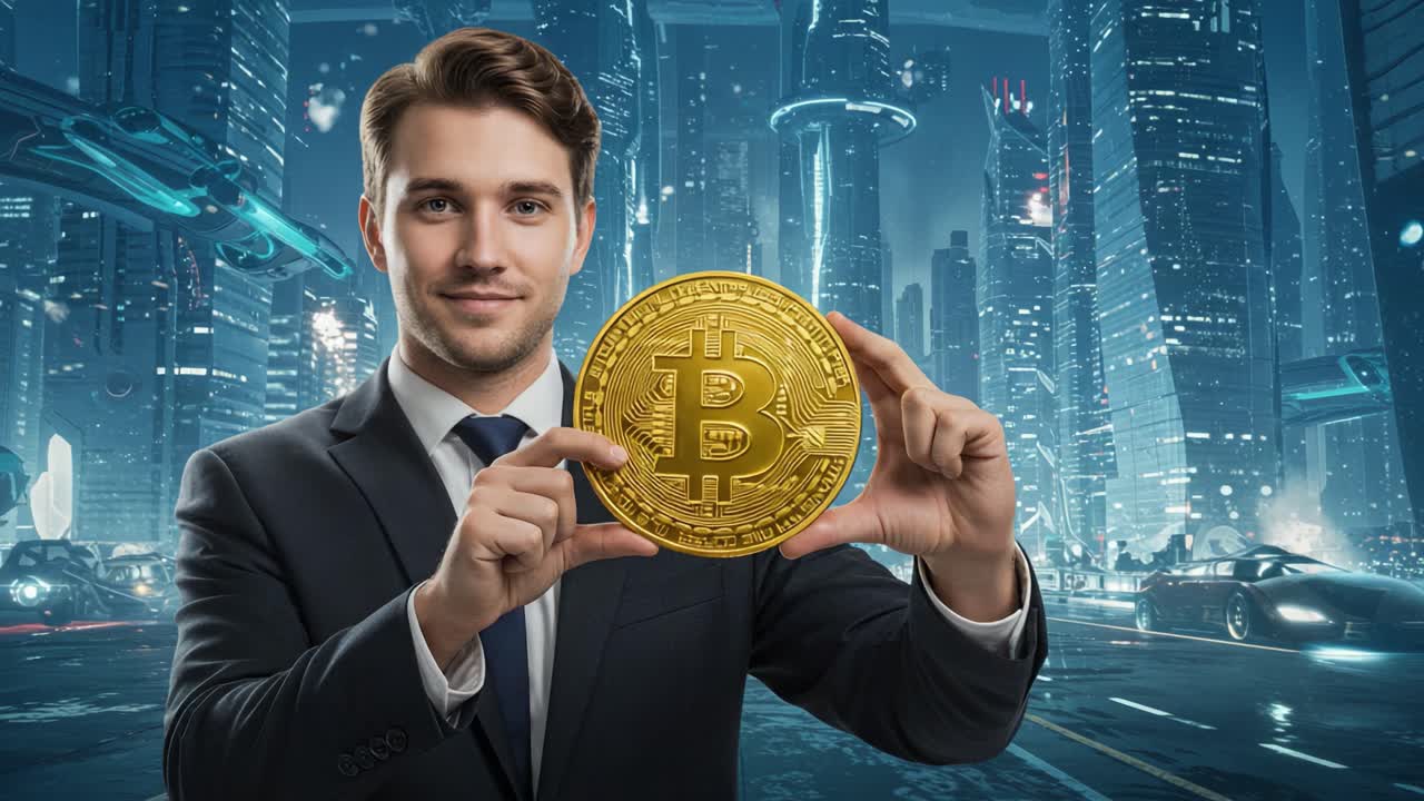 Confident Businessman Showcasing Cryptocurrency in a Futuristic City Environment, Highlighting Modern Financial Opportunities and Technology Advancements