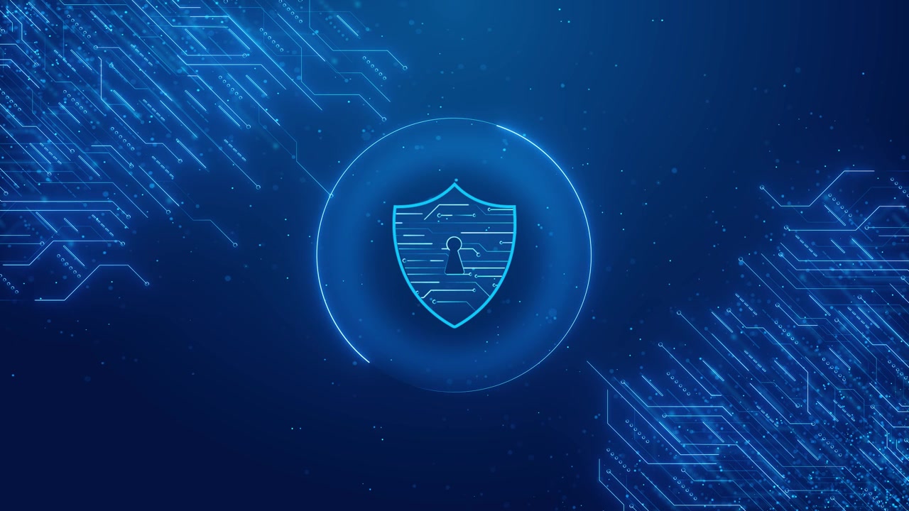 Digital data protection shield visual with cyan security icon blue circuit patterns and clean