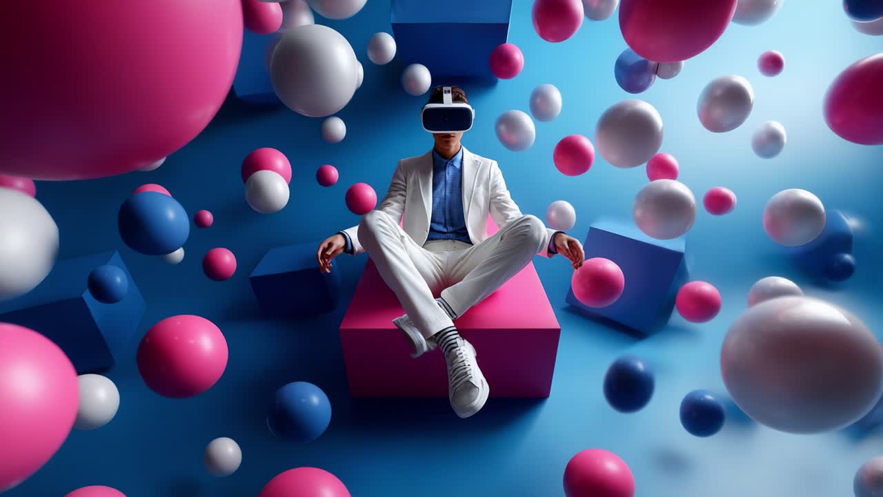 A futuristic, immersive experience captured in two frames, showcasing a person wearing a virtual reality headset while sitting on a colorful platform surrounded by floating geometric shapes and spheres