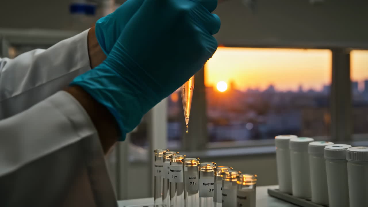 Scientist conducting a laboratory experiment with a pipette and test tubes at sunset