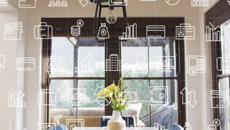 business and finance icons animation over modern living room with large windows