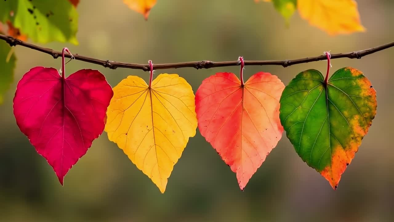 A bunch of colorful leaves hanging from a tree branch