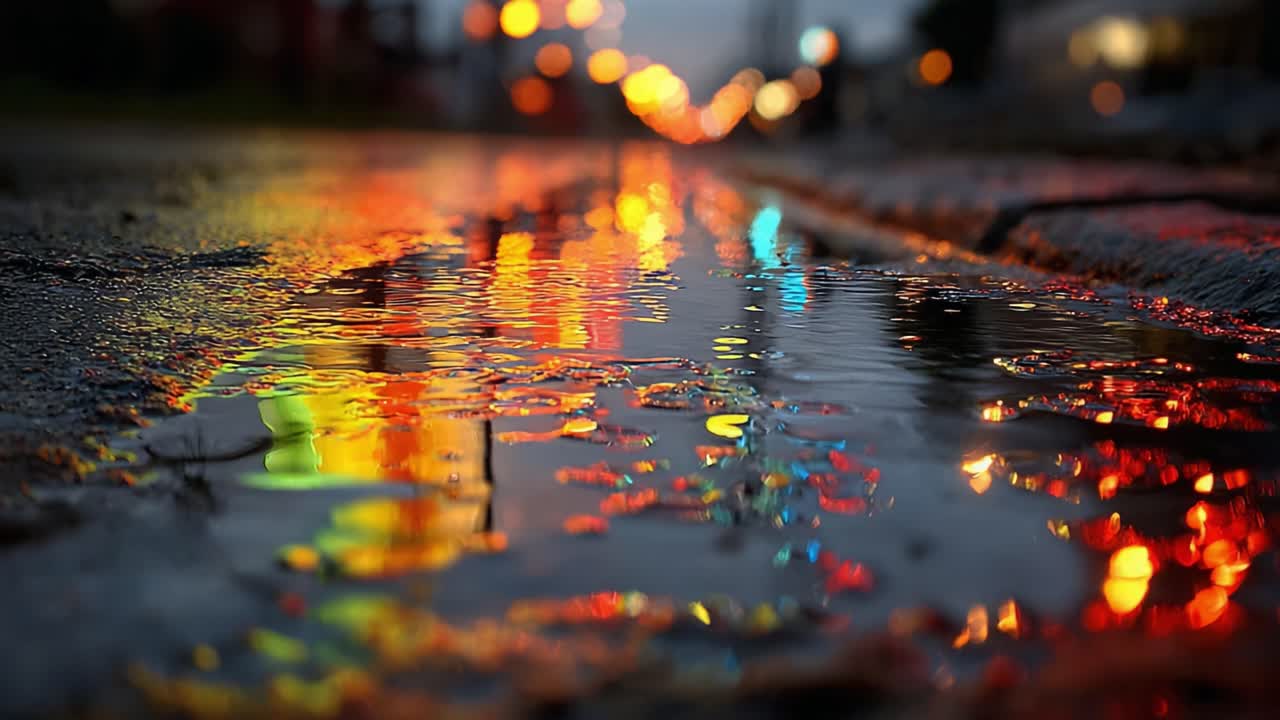 Lebhafte Spiegelungen in regnerischen Straßen: Eine fesselnde Erkundung von bunten Lichtern und Mustern, die bei Dämmerung auf nassem Pflaster entstehen