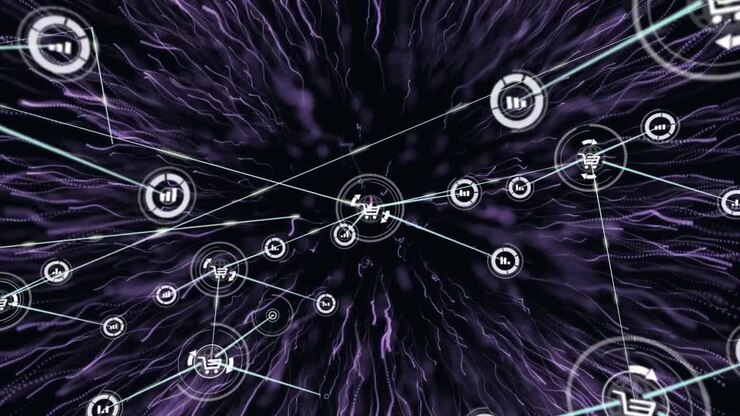 Animation of network of connections with digital icons over purple explosion