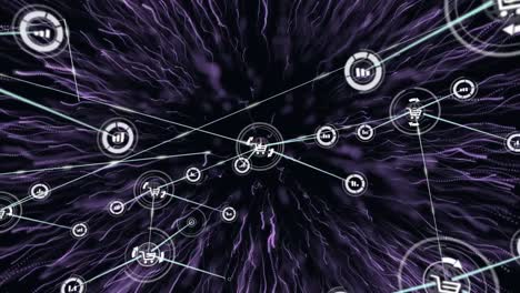 animation of network of connections with digital icons over purple explosion