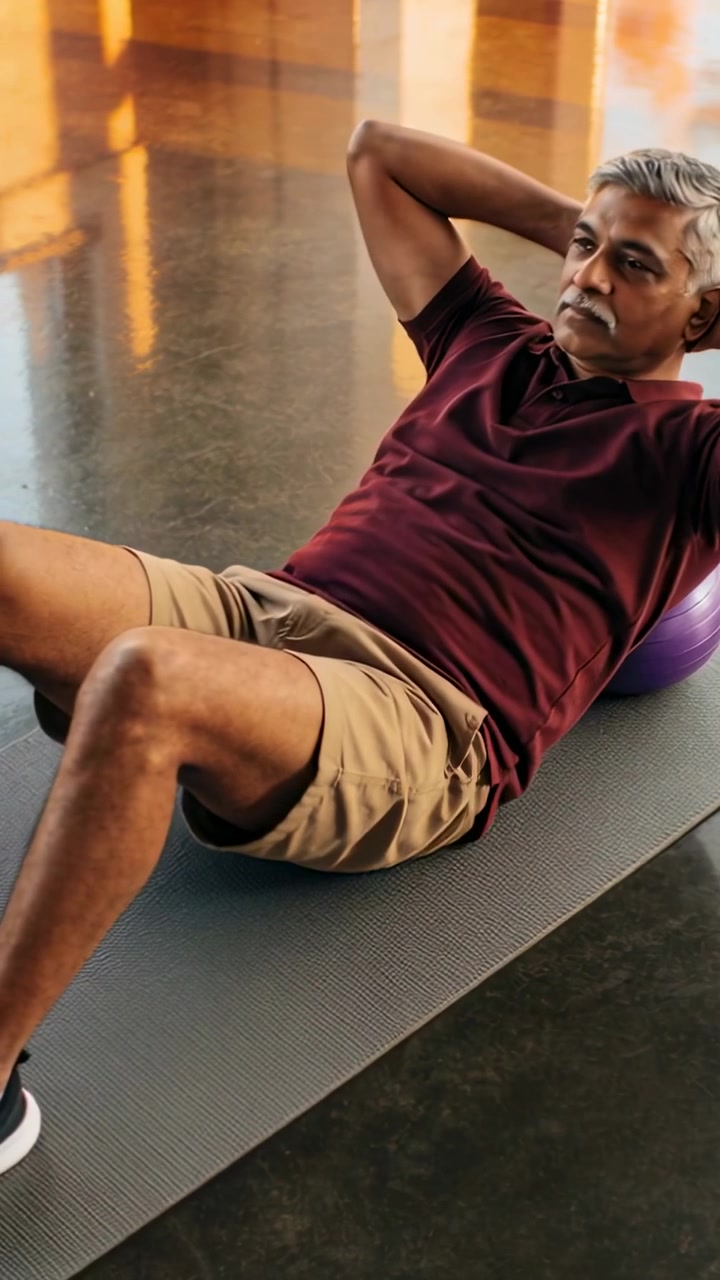Video verticale: Uomo che inizia a fare addominali in palestra su un tappetino con una palla viola per il fitness, indossando una polo.