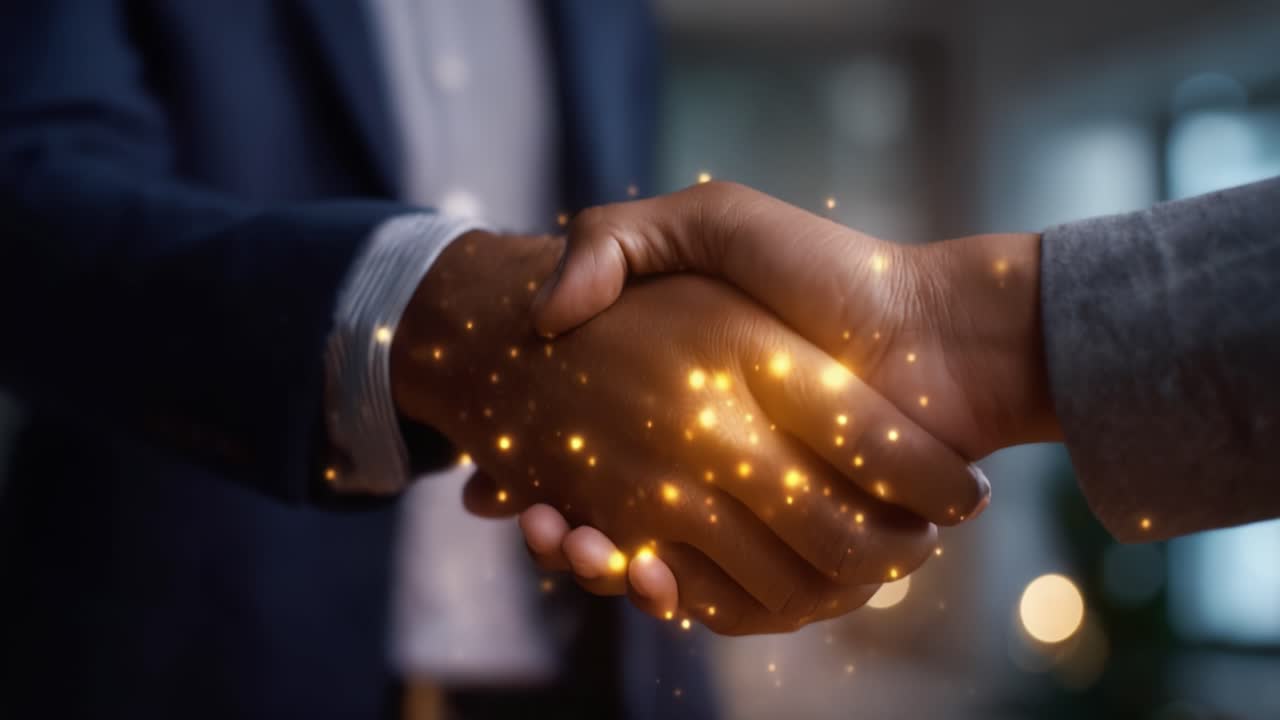 A Professional Handshake Symbolizing Partnership, Trust, and Mutual Agreement with a Touch of Magic in a Modern Business Environment