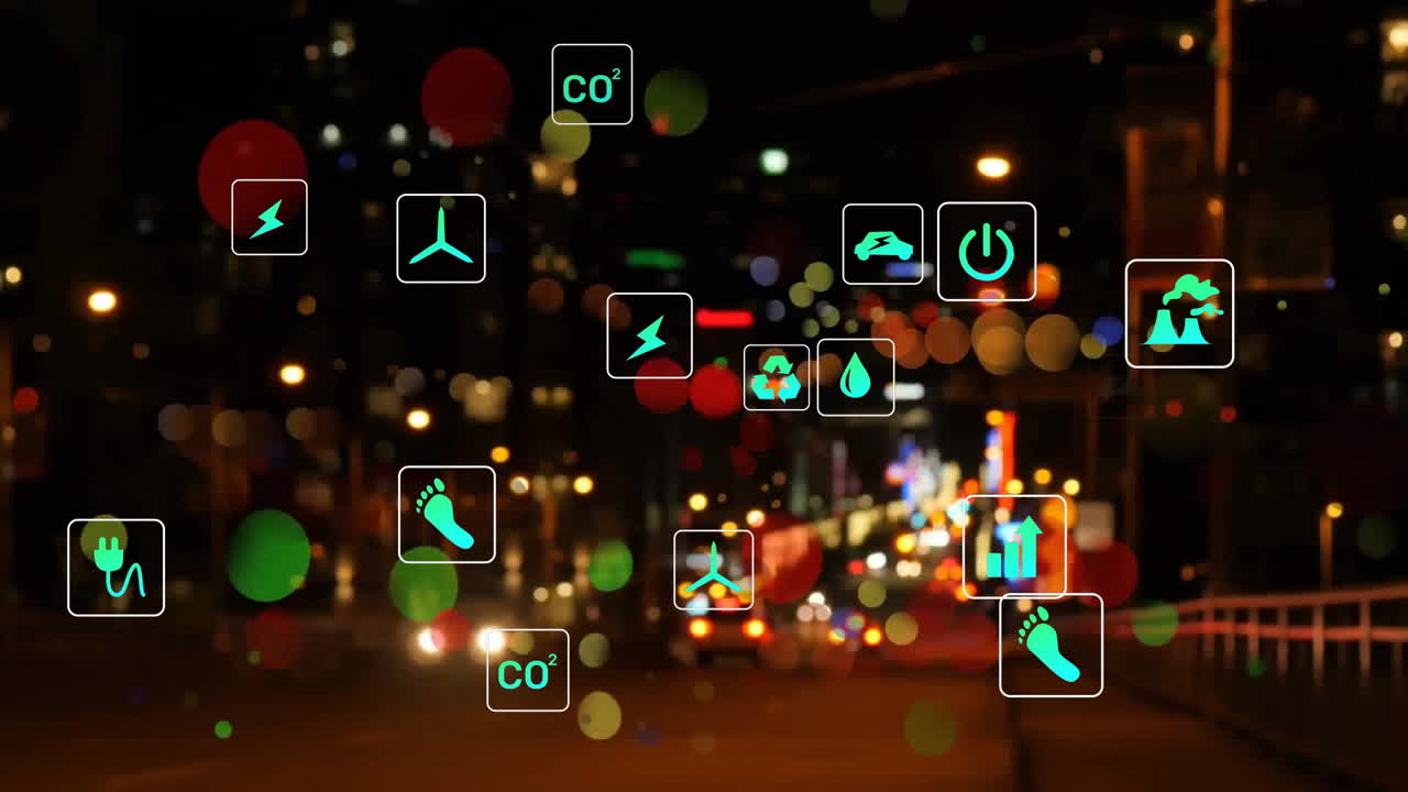 animación de iconos eco y procesamiento de datos sobre luces de la ciudad fuera de enfoque
