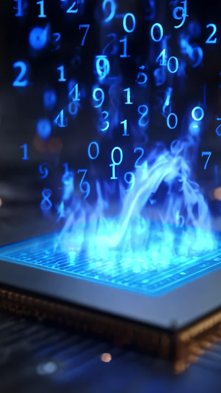 Una rappresentazione affascinante di numeri digitali a cascata in un'interfaccia olografica, che crea una rappresentazione visiva della trasformazione dei dati e dell'innovazione
