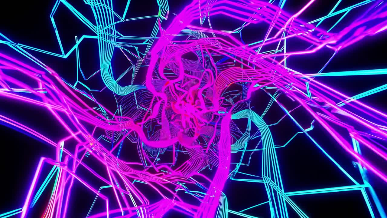 Colorful neon waves exploding from the center, forming a vibrant vortex with intricate patterns and radiating energy, creating a mesmerizing abstract composition against a black background