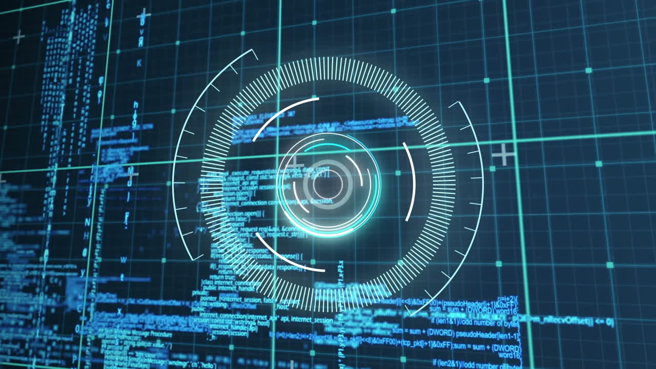 animación de círculos iluminados sobre el patrón de cuadrícula contra el lenguaje informático en el fondo