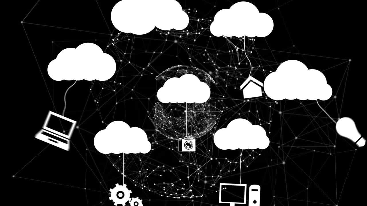 animazione di icone multimediali e rete di connessioni su sfondo nero