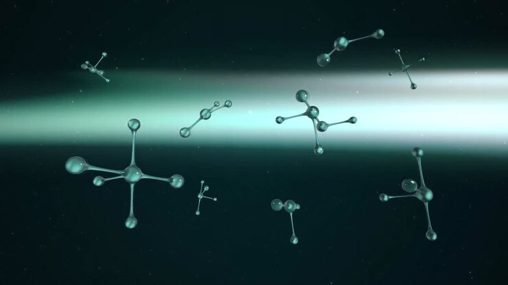 Digital animation of molecular structure floating against green light trail on black background