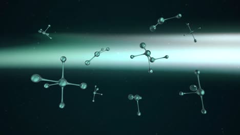 digital animation of molecular structure floating against green light trail on black background