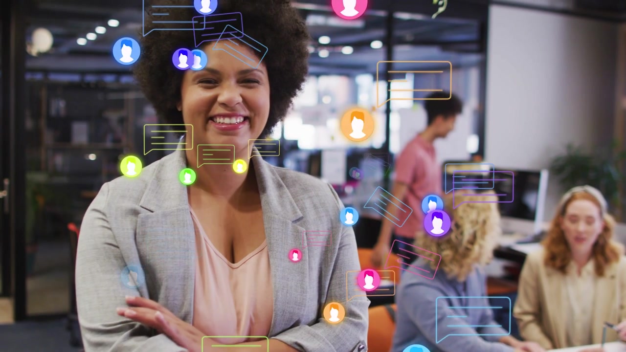 Woman walking into frame initiating animated icons layering over coworkers showing marketing impact