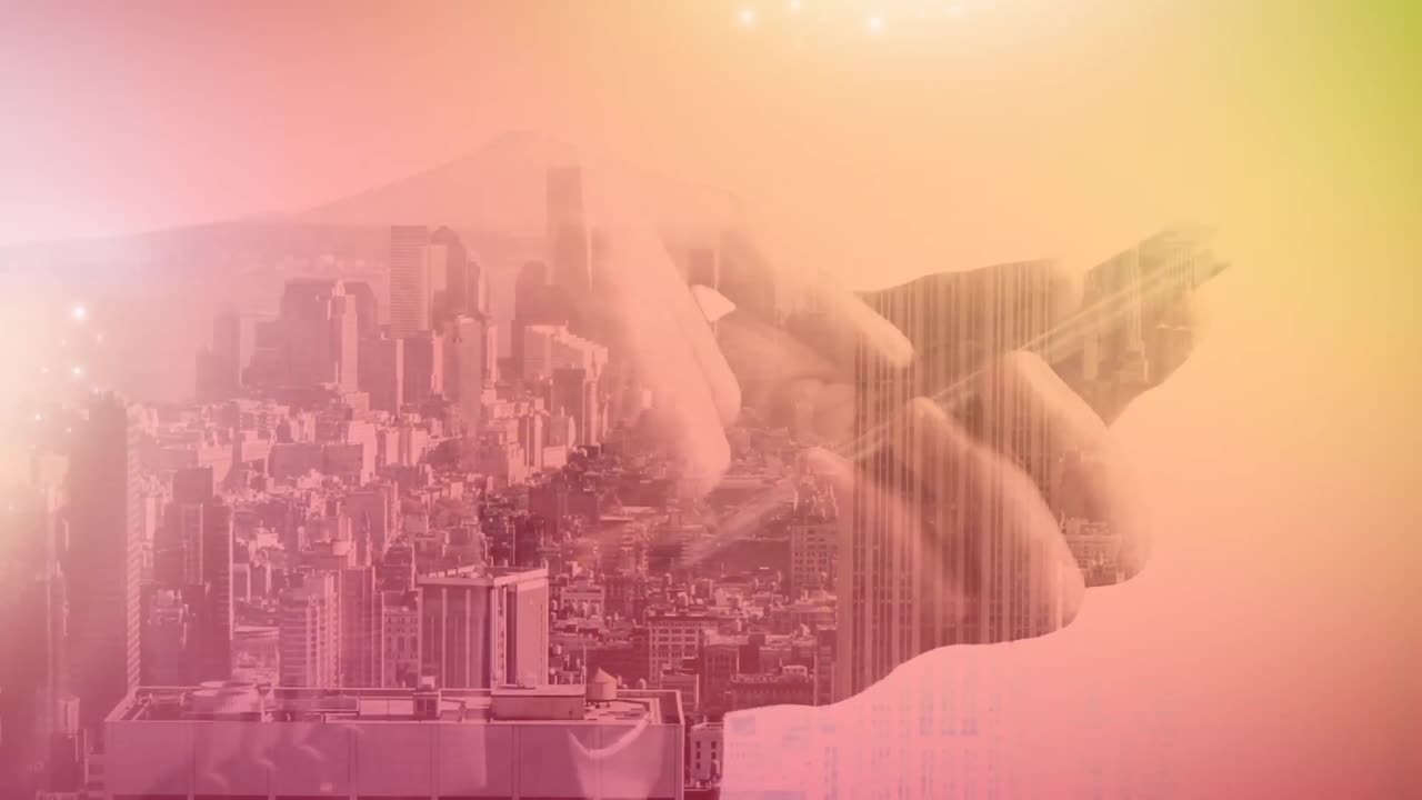 Animation of hands of businessman using smartphone over cityscape