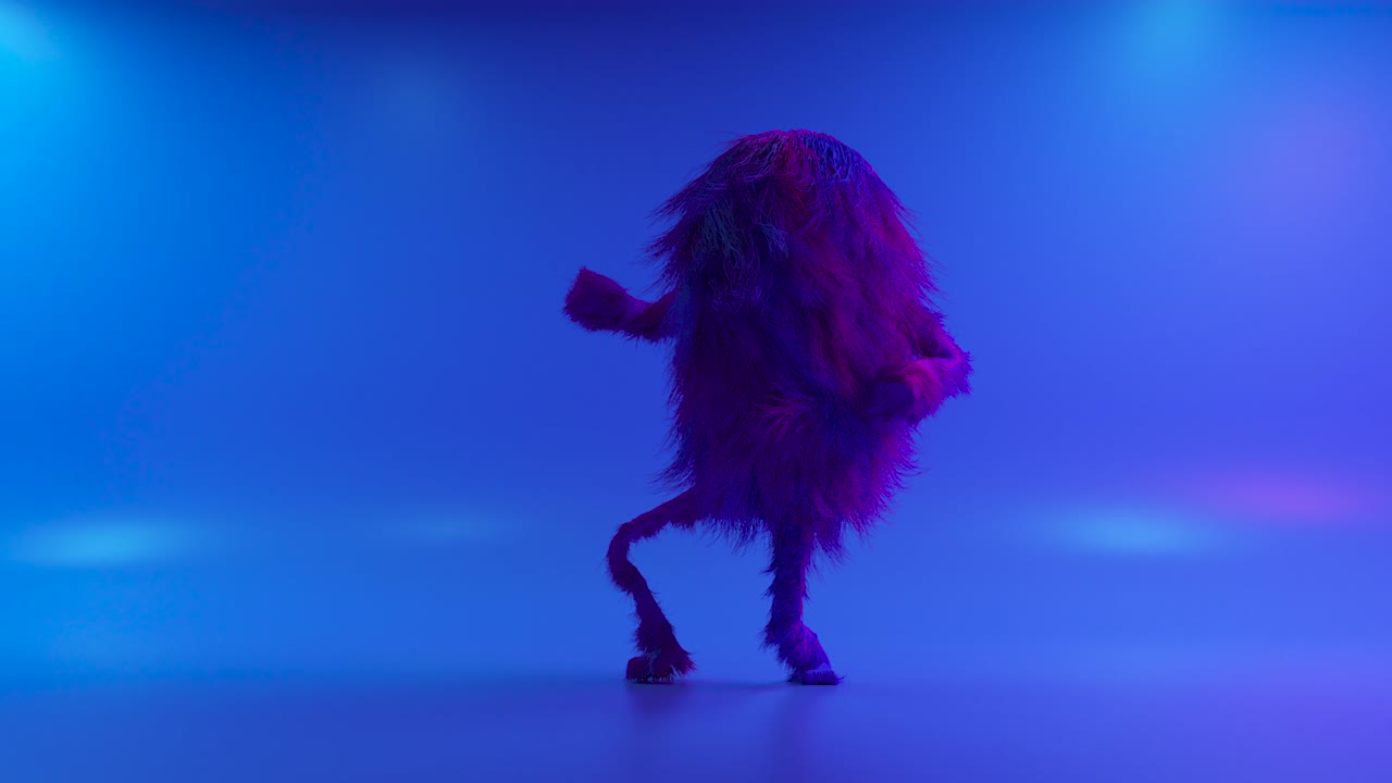 Cheerful colorful hairy cartoon dancing character, furry animal, having fun, furry mascot animation. Modern minimalist design. Flashing neon club light. 3d animation of seamless loop.