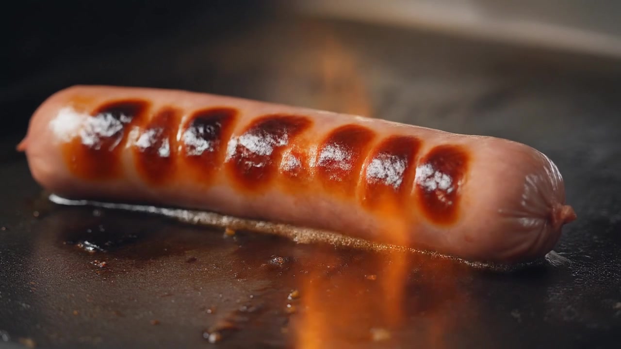 Klobása grilující se na horkém plochém grilu s plameny