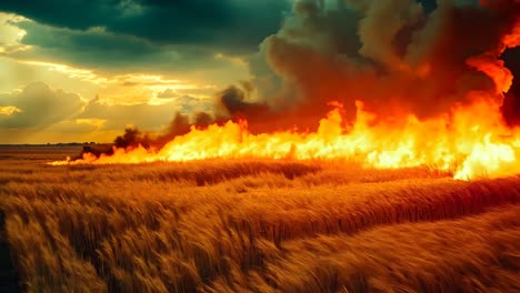 a field of wheat on fire in the middle of a field