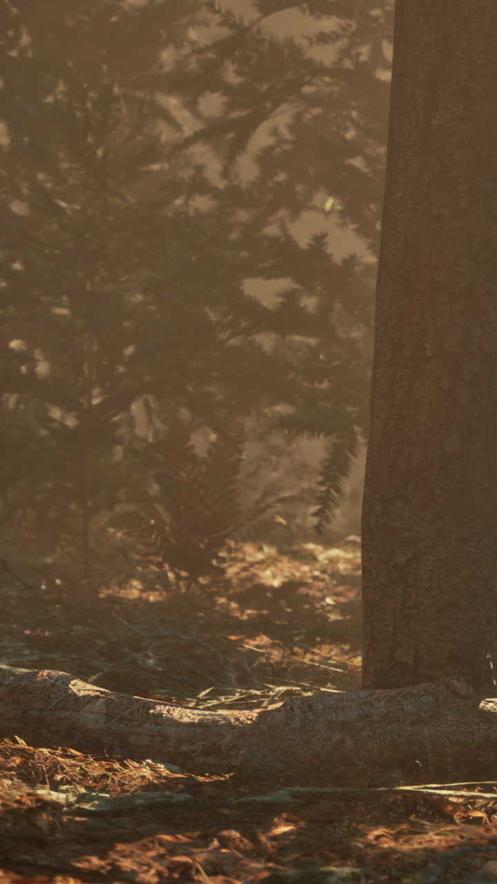 una escena de bosque sereno con la luz del sol rompiendo a través de la niebla