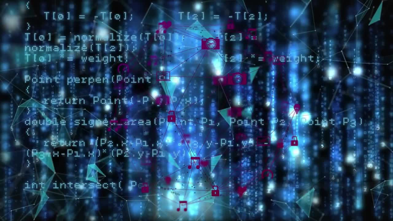 animación de procesamiento de datos y redes de plexus contra rastros de luz azul contra fondo negro