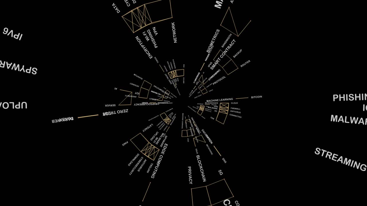 Zoom-in through cybersecurity terms in abstract digital tunnel