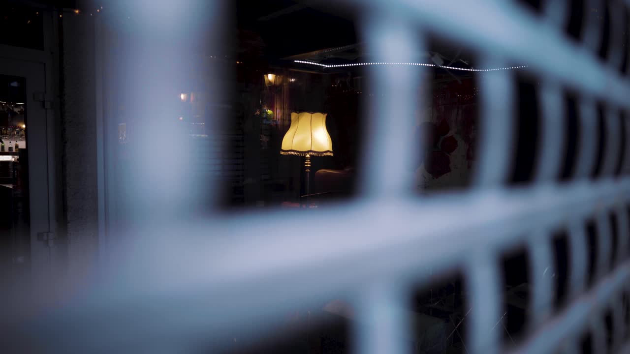 A Lamp Seen Through a Metal Grid at Night