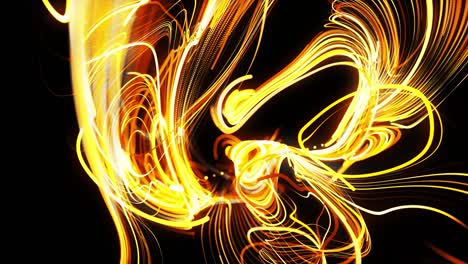 el flujo de partículas forma líneas amarillas rizadas como senderos de luz brillante o rayas, las líneas forman un patrón giratorio como ruido de rizado. animación 3d abstracta como brillante creativa festiva bg. líneas rápidas de luz