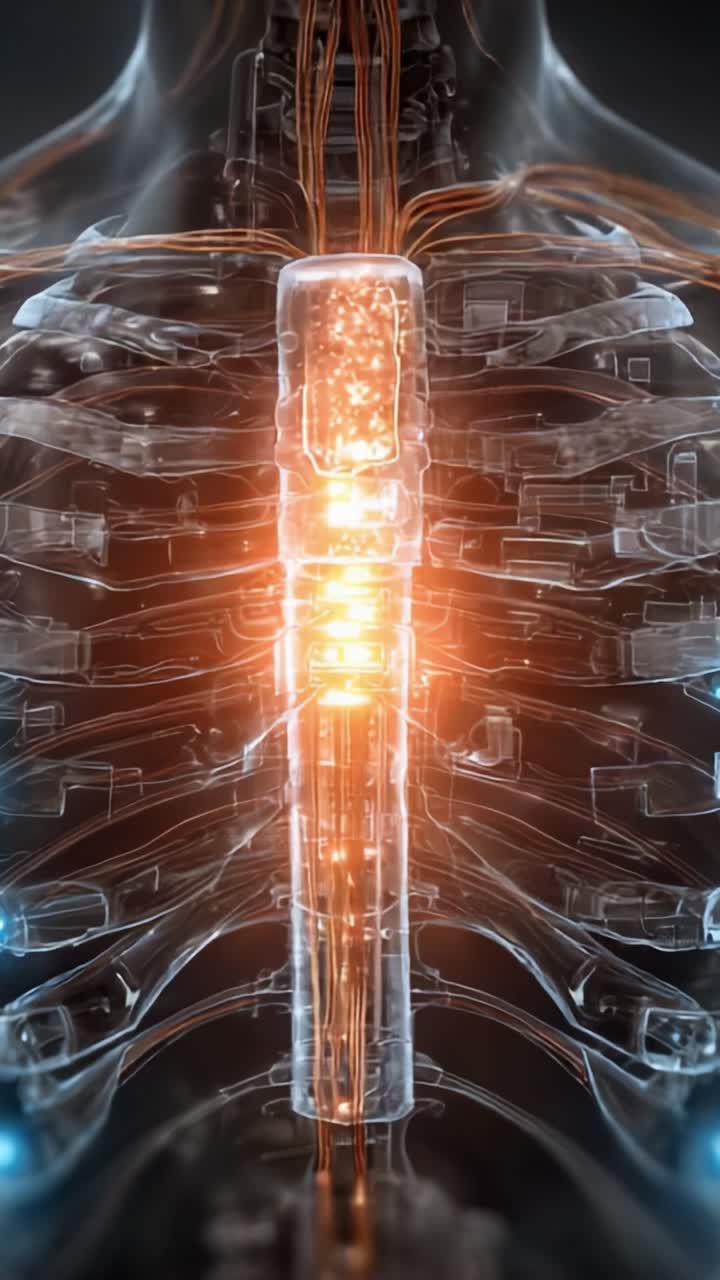 An Intricate Visualization of Human Anatomy Highlighting Spinal Structures and Neural Pathways with a Futuristic Glow in a Stunning Biomechanical Context