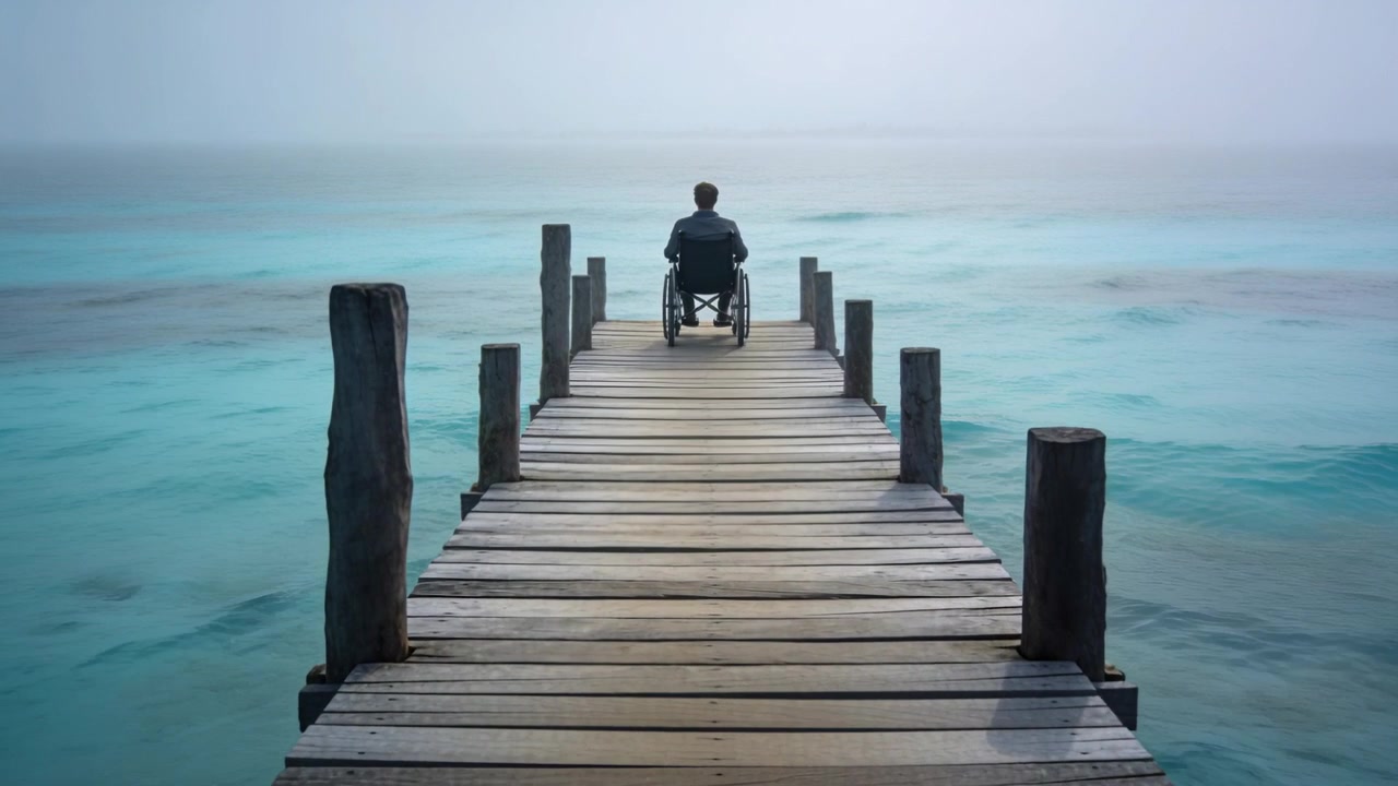 Sitting adult in manual wheelchair gazing toward sea on wooden pier while camera shifting forward
