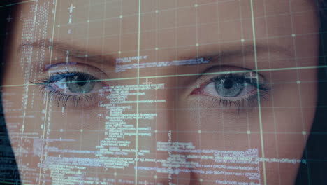 animation of data processing over face of caucasian woman with closed eyes