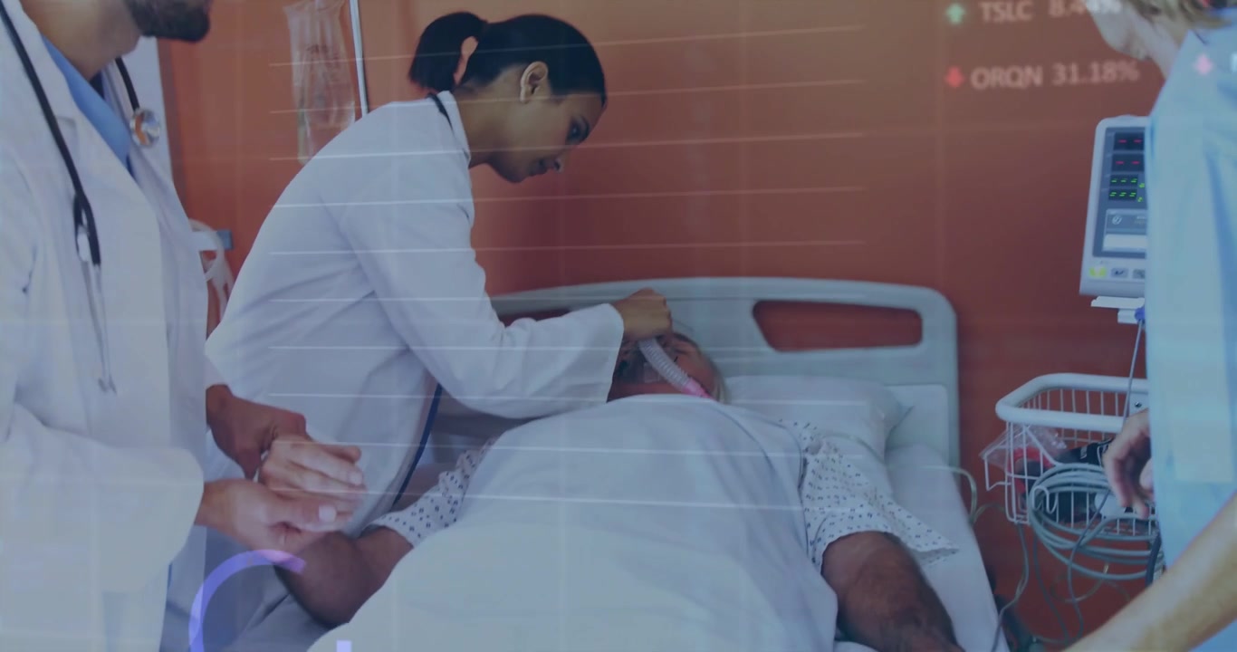 Dr holding hand medical staff placing O2 mask, adjusting IV, checking vitals UI stabilizing patient